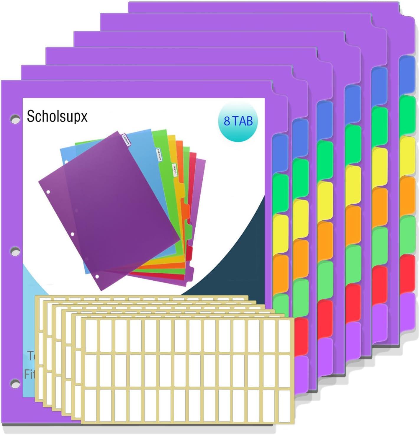 Binder Dividers for 3 Ring Binder, 8 Tab Set, Durable Plastic Tabs with Tabs, Customizable with 42 Labels, Assorted Colors for Office, School, Letter Size