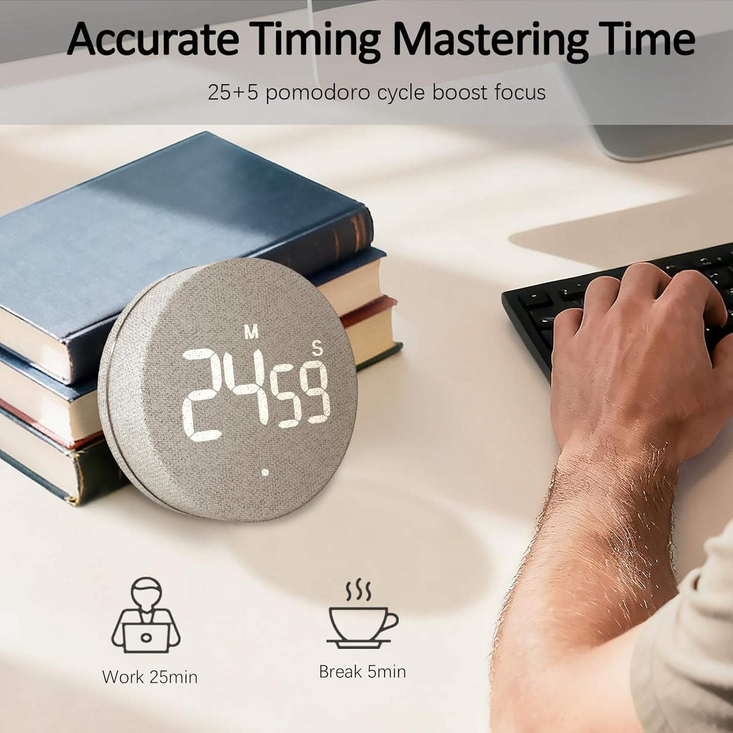 AVINIA Fabric Digital Kitchen Timer, Rechargeable with Large LED Display 0-99Mins, Magnetic Countdown Timers for Home Classroom Office Fitness Grey