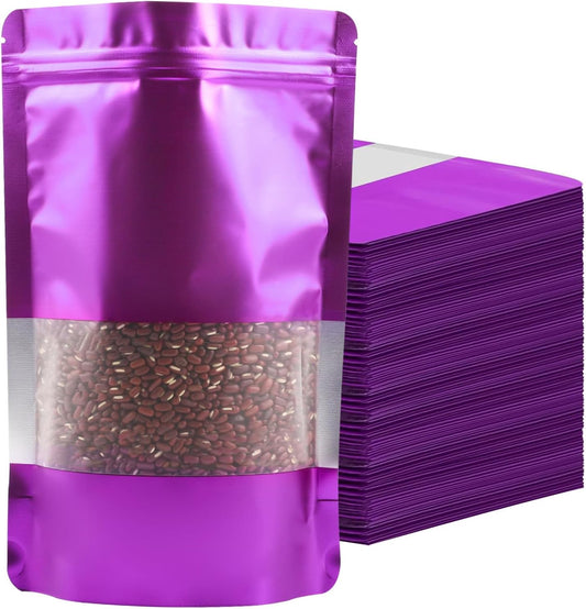 100 Pack Smell Proof Bags, Resealable Purple Mylar Bags with Matte Window, Foil Pouch Stand Up Sealable Bags for Packaging, 4.72 × 7.87 Inch