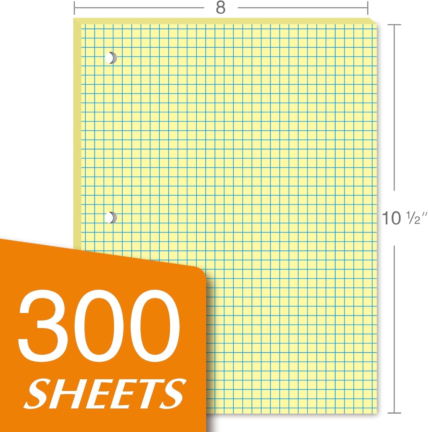 KAISA Loose Leaf Notebook Paper, 4x4 Quad Graph Ruled, 300 Sheets Per Lined Paper, 8" x 10.5", 3 Hole Punched for 3 Ring Binder, Canary, Made In USA