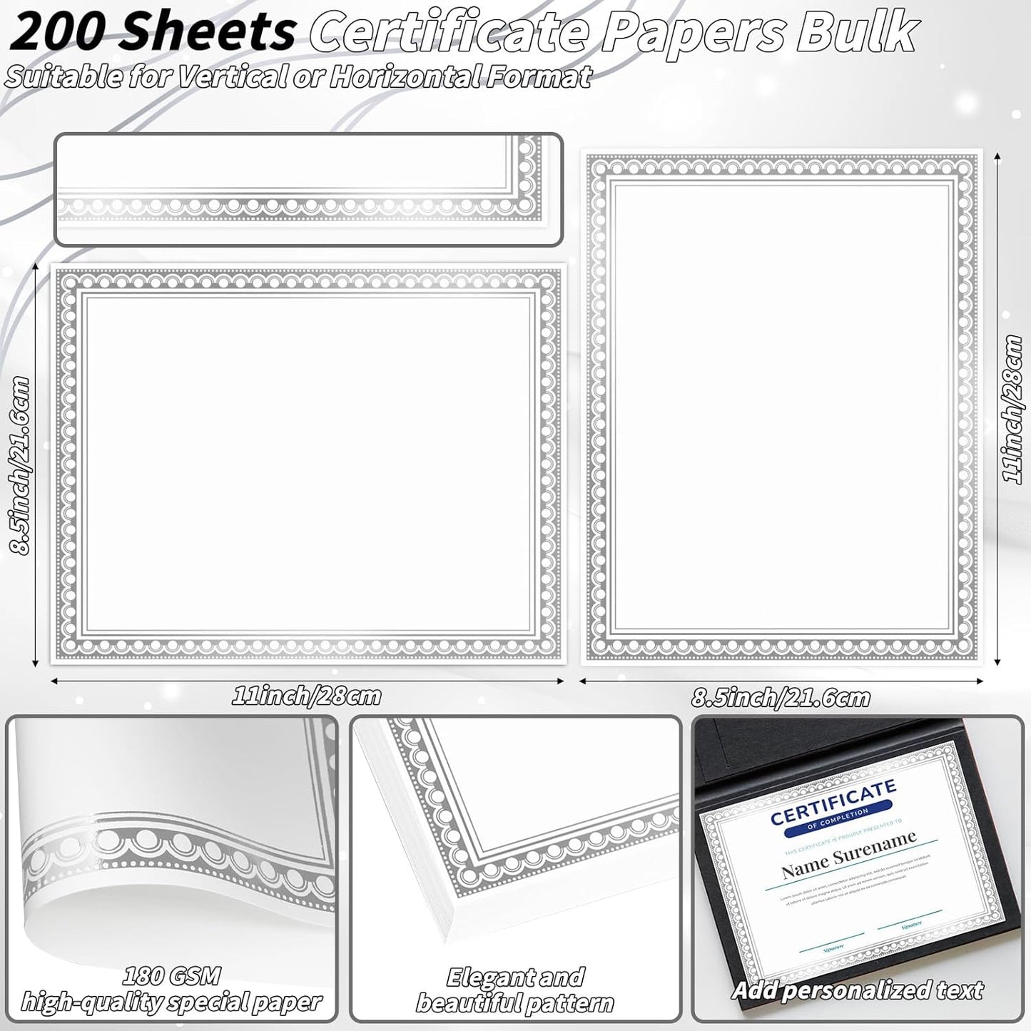 200 Sheet Silver Foil Award Certificate Paper Bulk 8.5 x 11 in for Printing Customizable Blank Cardstock Silver Border Certificate Laser and Inkjet Printer Friendly for Graduation Diploma Achievement