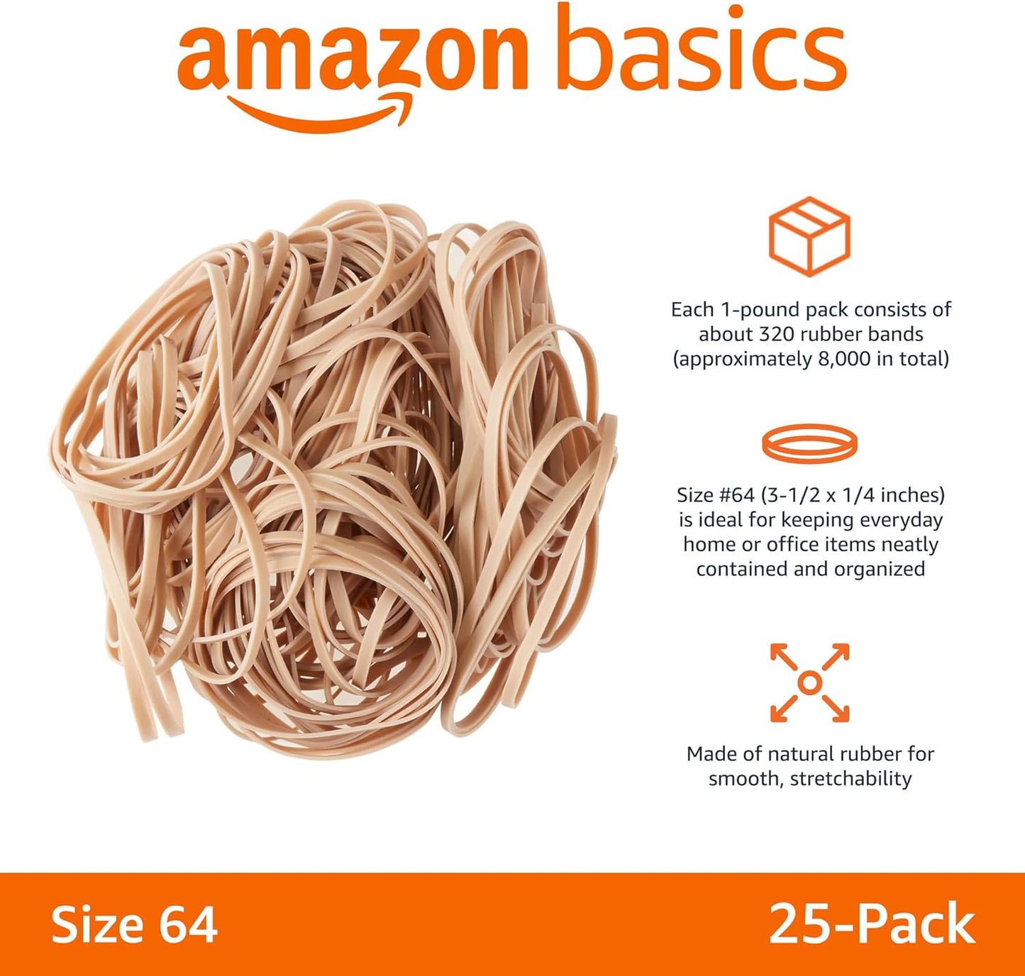 Amazon Basics Rubber Bands, Size 64 (3-1/2 x 1/4 Inch), 320 Bands/1 lb Pack, 25-Pack, Tan