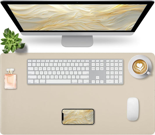 Beige Desk Mat with Stitched Edges, 31.5"×15.7" Keyboard Pad, Non-Slip Desk Protector Mat, Leather Desk Blotter, Waterproof Desk Pad for Office Home Decor