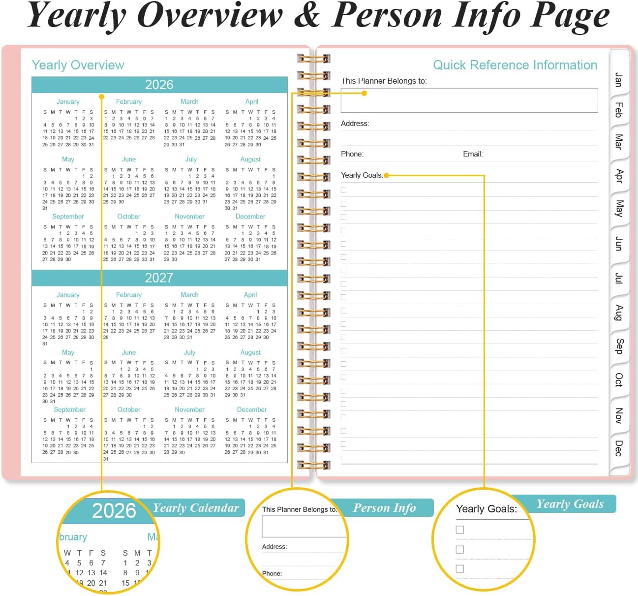 2026 Planner - Planner 2026 from January 2026 - December 2026, Weekly & Monthly Planner Spiral Bound with 12 Monthly Tabs, Inner Pocket, 6.4" x 8.5", Pink-E