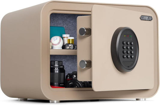 Home Safe Box, Digital Small Personal Safes, caja fuerte, Security Money Closet Electronic Lock Box with Keypad for Pistol Cash Jewelry, Document, Hotel, Dorm, Office (1.0cuft Sand)