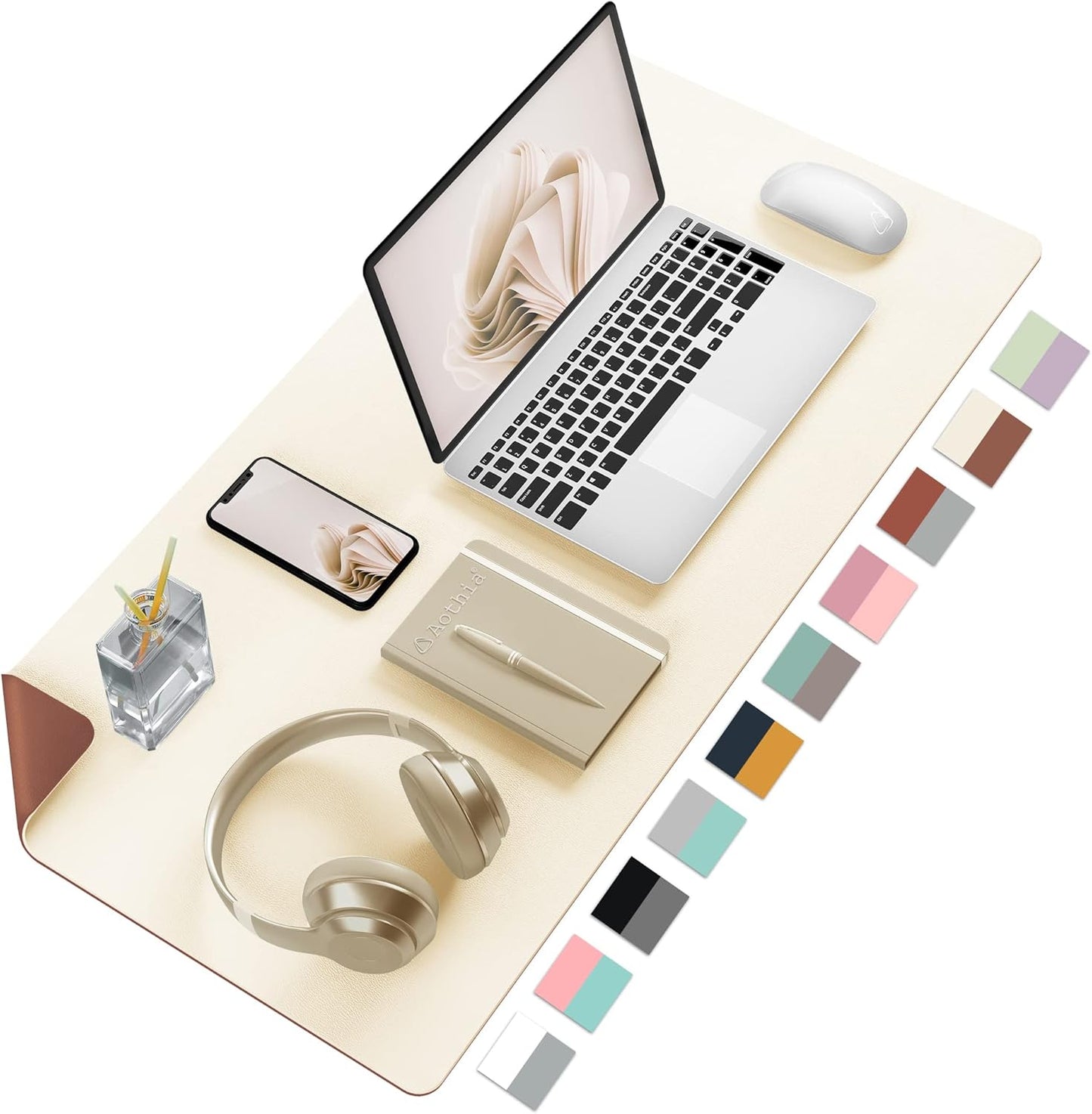 Aothia Double-Sided PU Leather Desk Pad - Non-Slip Large Mouse Pad & Desk Mat for Office, Home - Waterproof, Easy to Clean, Durable Dual-Sided Surface (23.6"x13.7", Beige)