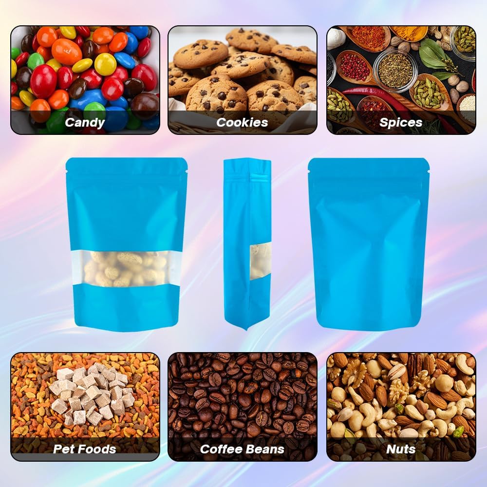 4CP 100 Pcs Blue Zipper Smell Proof Bags with Window, 6.3x9.5 Inch Stand Up Foil Pouches for Food Selfsealing Storage, Reusable Bag for Packaging Small Business, Cookies, Nunt, Candy