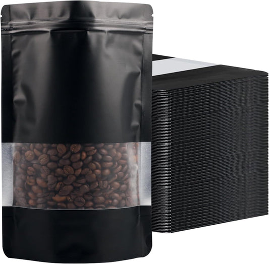 100 Pack Smell Proof Bags, Resealable Black Mylar Bags with Matte Window, Foil Pouch Stand Up Sealable Bags for Packaging, 6.29 × 9.44 Inch