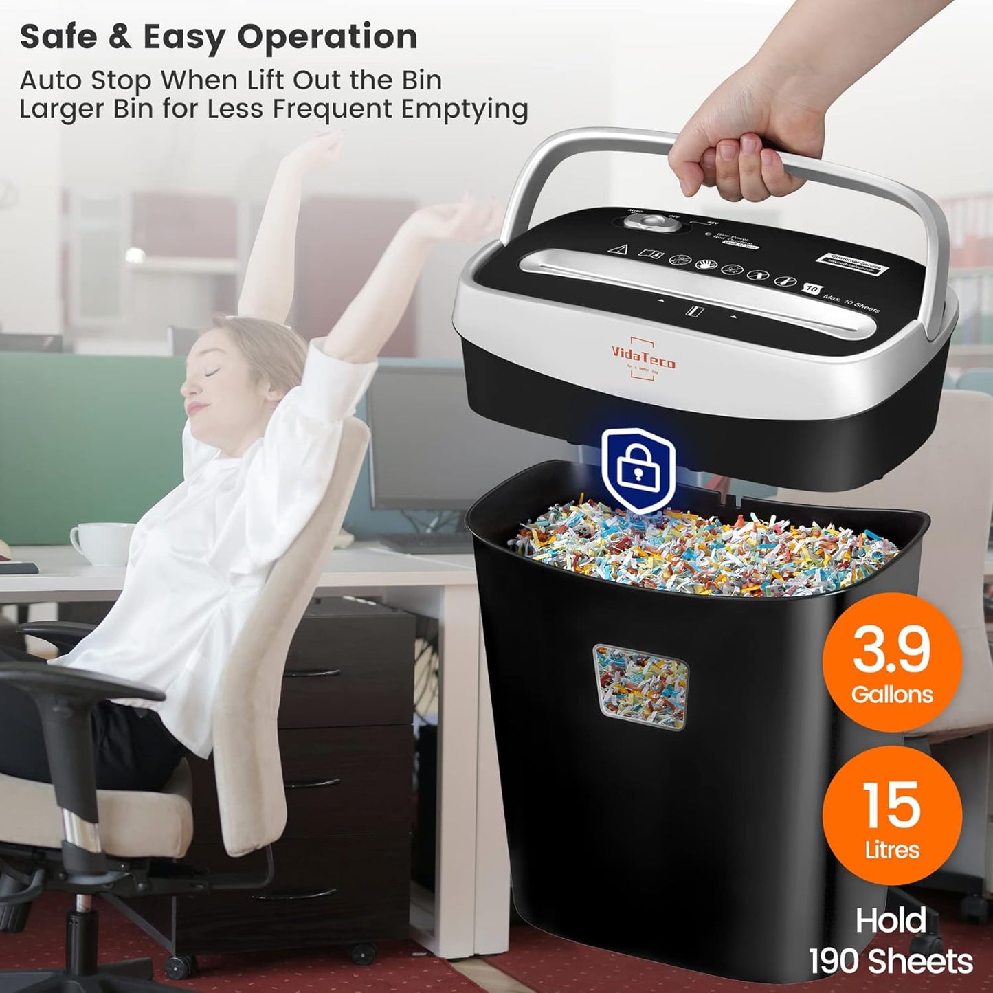 Paper Shredder for Home Office Heavy Duty with 60 Mins Running with US Patented Cutter,Shred CD/Card with Extra Large Bin,AUTO Jam Proof(ETL) (10-Sheet Micro-Cut)
