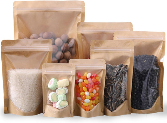 50pcs Kraft Bags With Window Clear Fornt Pouches Resealable Stand Up Zip Lock Food Storage Bags Brown 6.2"x8.6"
