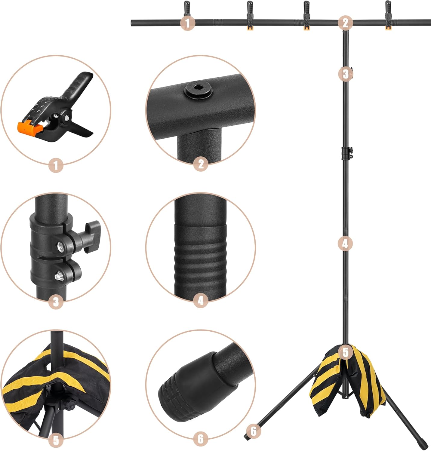 8x5ft T-Shape Backdrop Stand, Adjustable Background Support Stand Kit, Portable Photo Banner Holder with 6 Spring Clamps, Sandbag, Carry Bag for Party, Wedding, Photography and Decoration