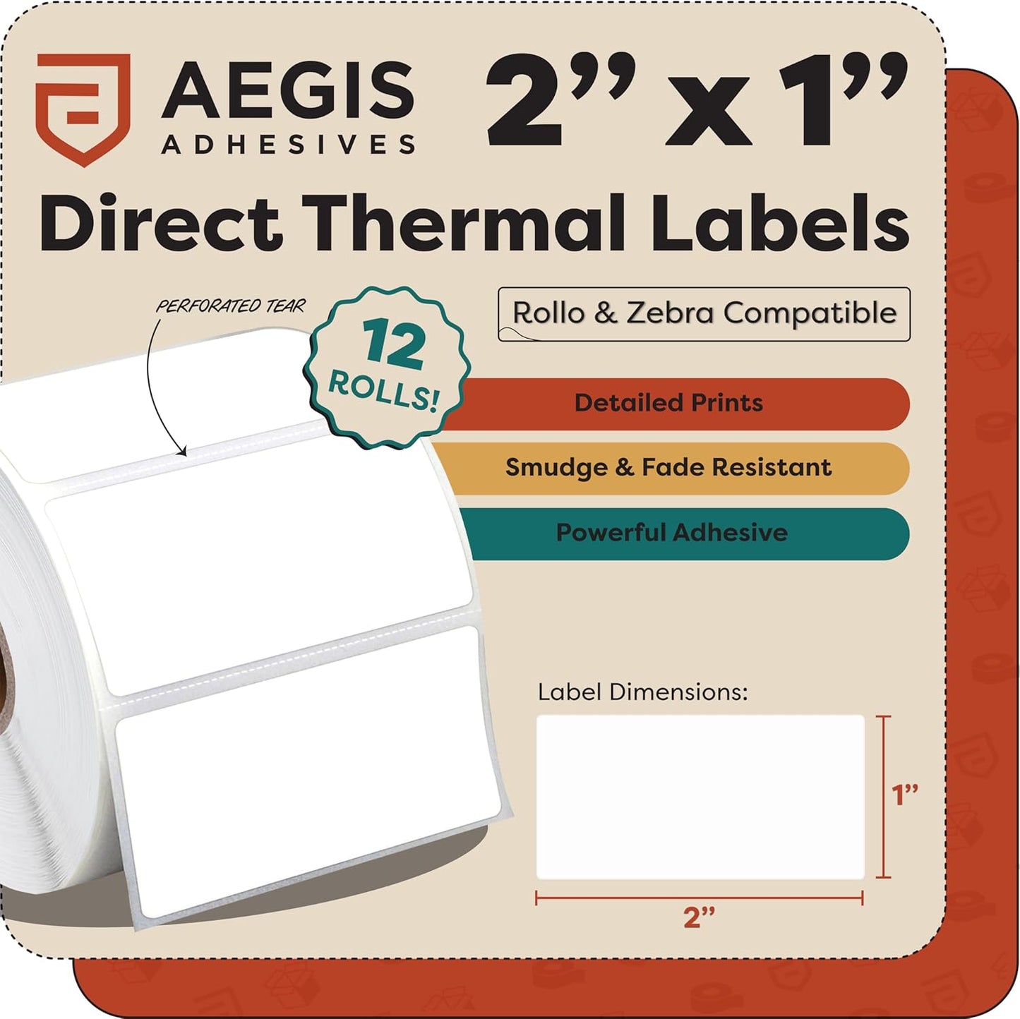 Aegis Adhesives - 2” X 1” Direct Thermal Labels for UPC Barcodes, Address, Perforated & Compatible with Rollo, Zebra, & Other Desktop Label Printers (12 Rolls, 1300/Roll)