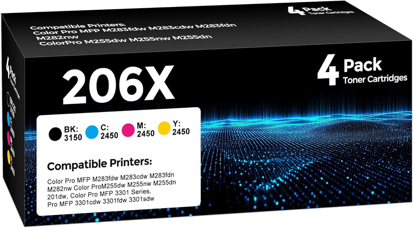 206X High Yield Toner Cartridge 4Pack Compatible with HP 206X 206A Toner Set for HP Color Laserjet Pro M255dw M255nw MFP M283fdw M283cdw M282nw M283fdn Ink（Black/Cyan/Yellow/Magenta