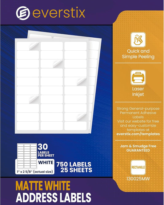 1" x 2-5/8", 25 Sheets, 750 Mailing Address Labels, White Sticker Labels for Laser & Inkjet Printers, Permanent Adhesive
