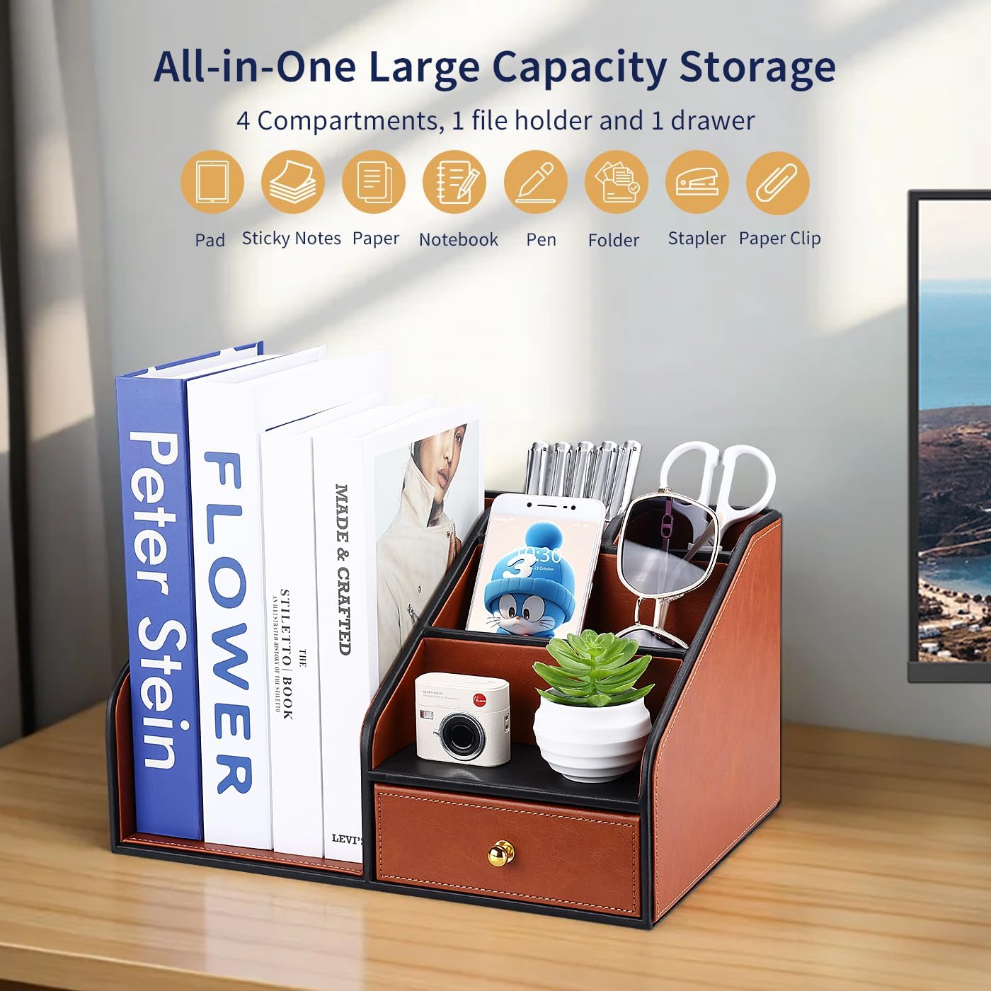 GORESE PU Leather Desk Organizer with Magazine File Holder, Drawer and 4 Compartments, Office Workspace Organizers and Accessories, Large Desktop Organization with File Rack Pen Holder - Tan Brown