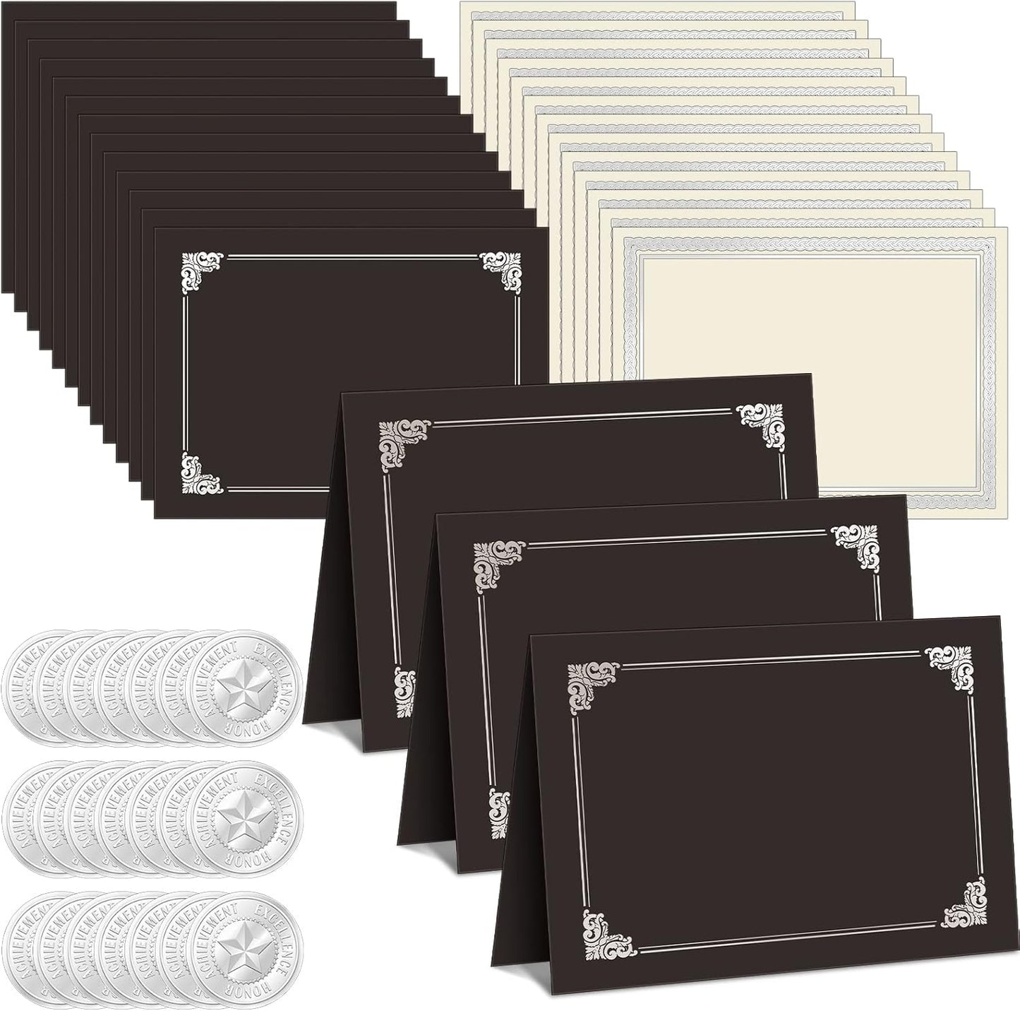 150 Pcs Certificate Kit Include 50 Certificate Holders 50 Paper and 50 Embossed Seal Stickers Diploma Covers for Graduation, Competition Supplies(Silver Black)