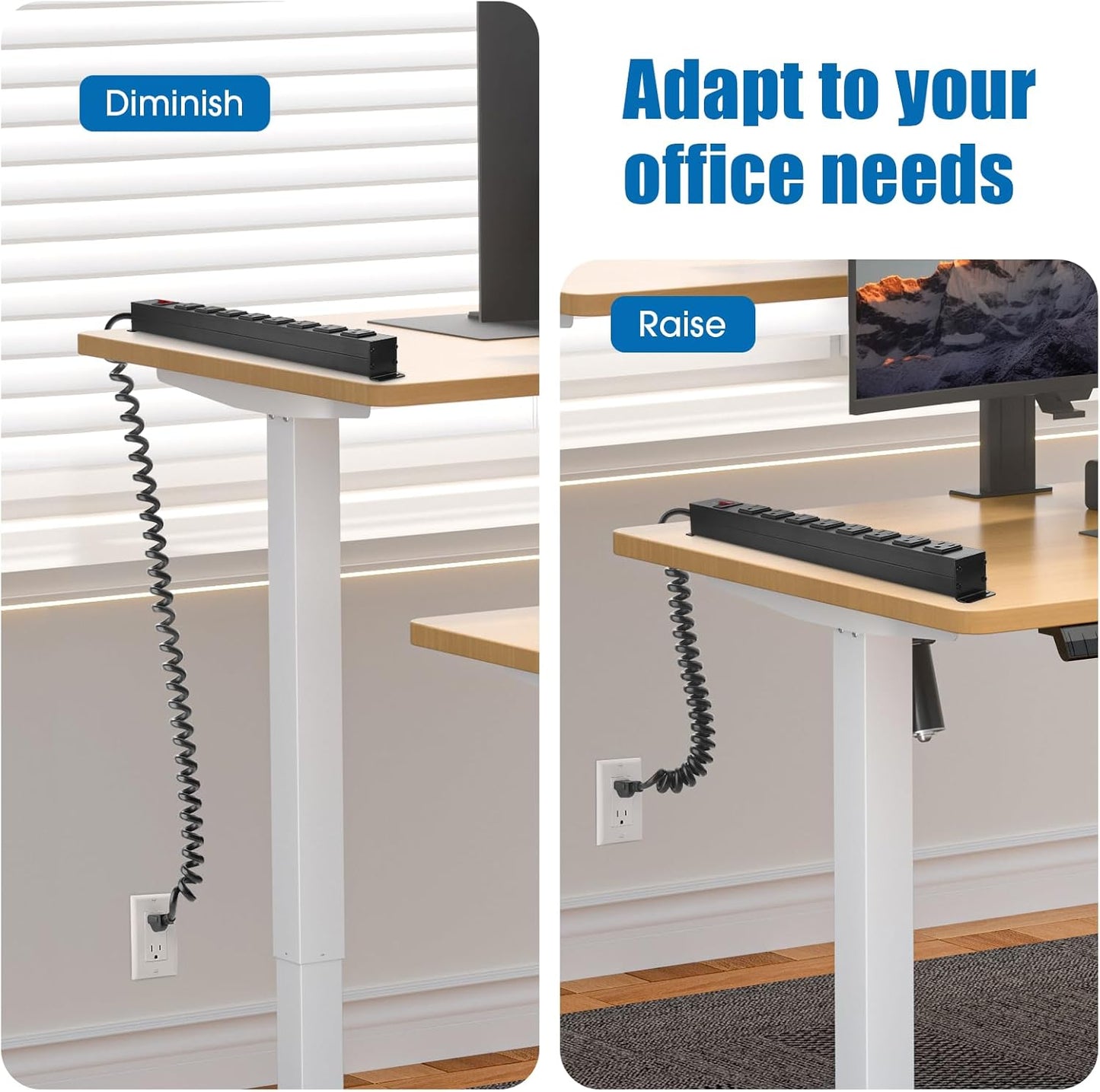 2Pack 8 Outlet Metal Wall Mount Power Strip, Mountable Outlet with Switch, Heavy Duty Wide Spaced Surge Protector, 6 FT SJT 14AWG Black Spring Cord.