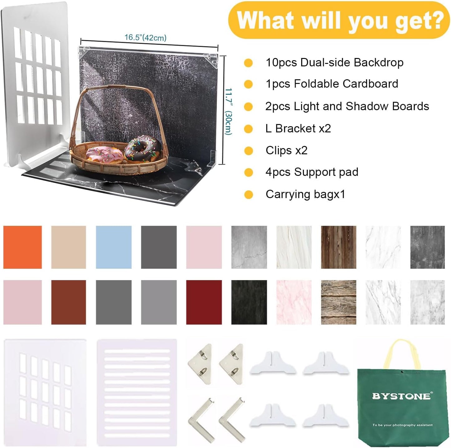 10Pcs 20Patterns Small Product Photography Backdrops Kit Photo Background Food Photography Backdrop Board with Shadow Props and Carrying Bag (16.5X11.7inch)