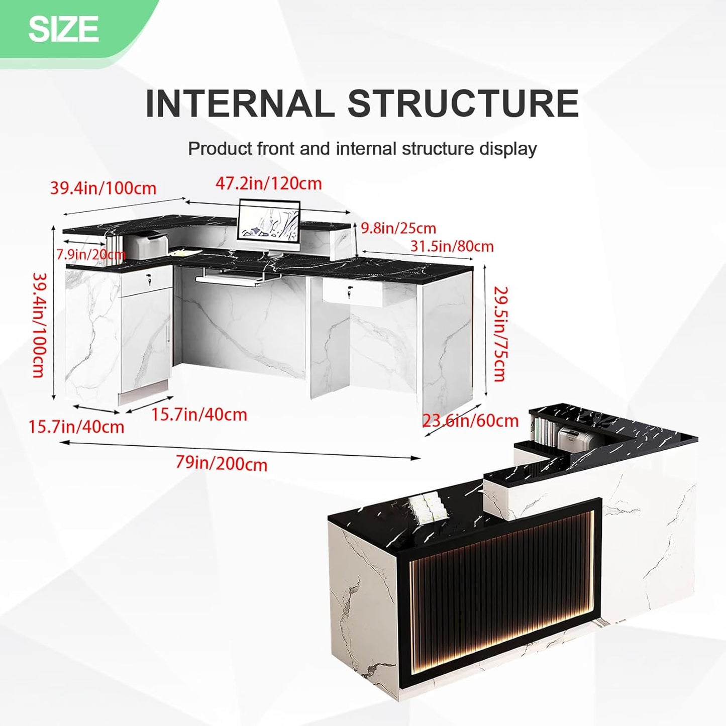 Modern Reception Desk with Counter and Drawer Office Front Desk with Cabinet Wooden Commercial Reception Table Checkout Counter for Retail Salon Lobby White and Black Right 79inch/200cm