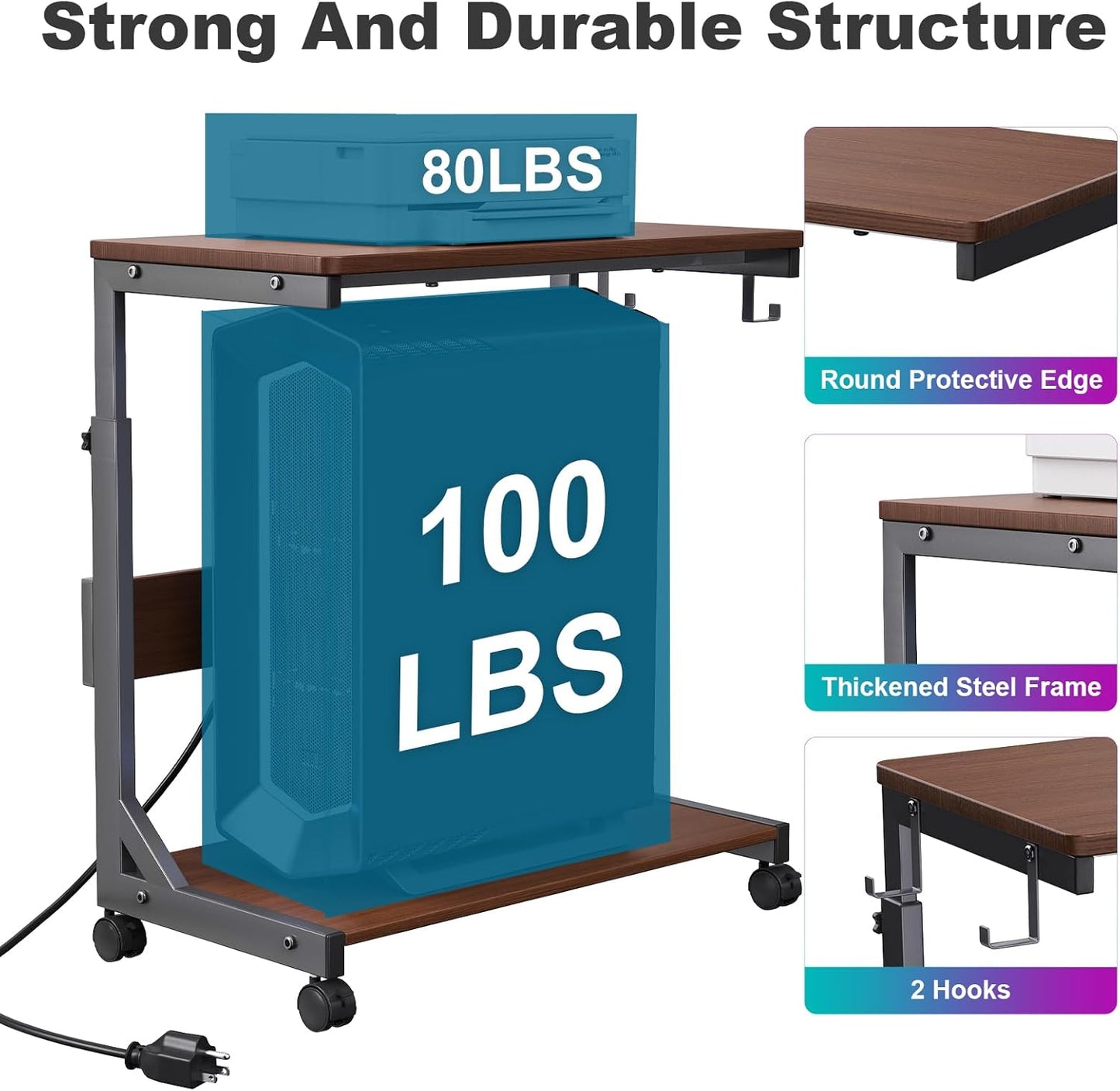 Height Adjustable Computer Tower Stand with Charge Station and USB Charging Port, 2-Tier ATX-Case Cart, Under Desk Mobile PC Stand, CPU Holder Cart with Locking Caster Wheels for Fits Most PC