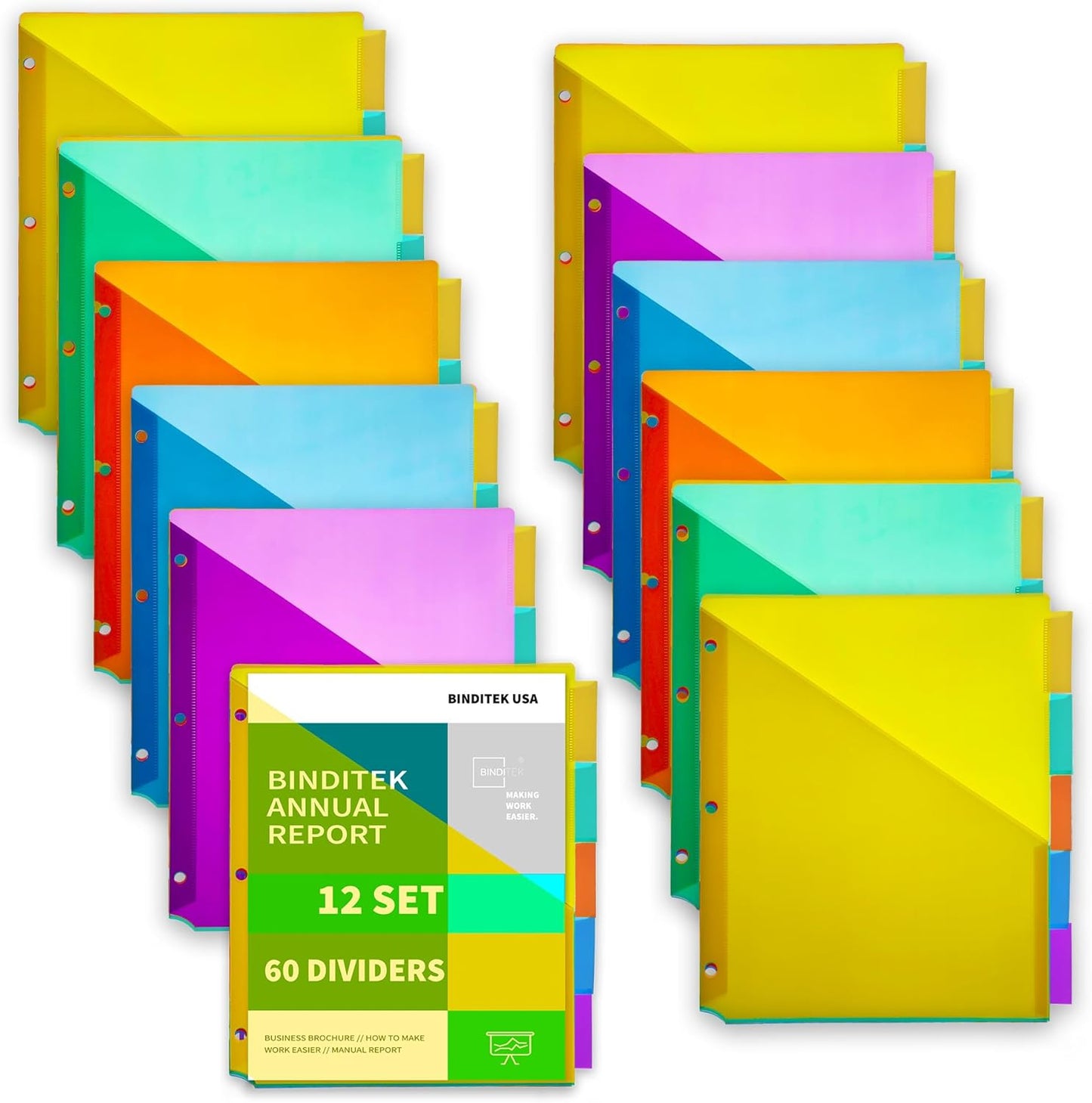 Binditek 12 Set Plastic 5-Tab Binder Dividers with Front Pocket, Tab Insertable Poly Pocket Dividers for 3 Ring Binders, Letter Size, Multicolor, for Students and Coworkers
