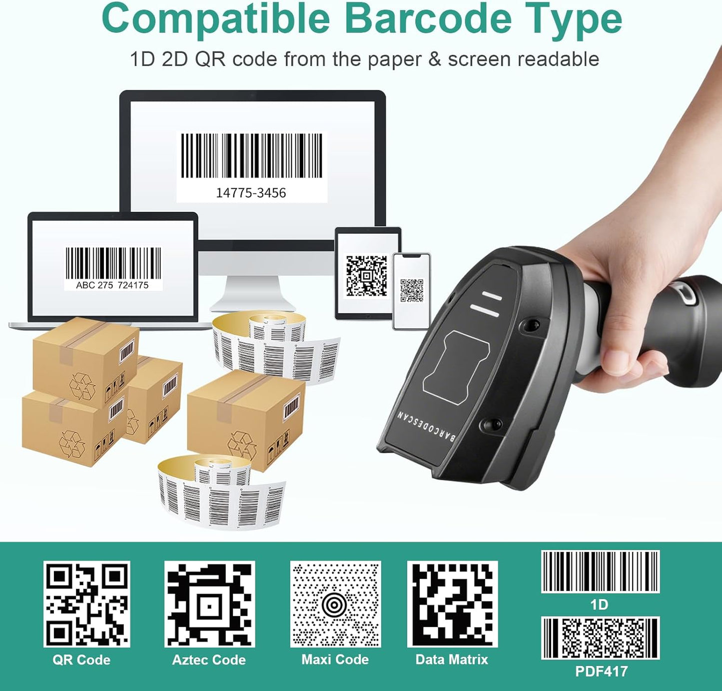 2D Barcode Scanner, Handheld QR Code Scanner USB Wired 1D 2D&PDF417 Data Matrix 640 x 480 Image CMOS Automatic Barcode Reader Plug and Play Bar Code Reader Scanners