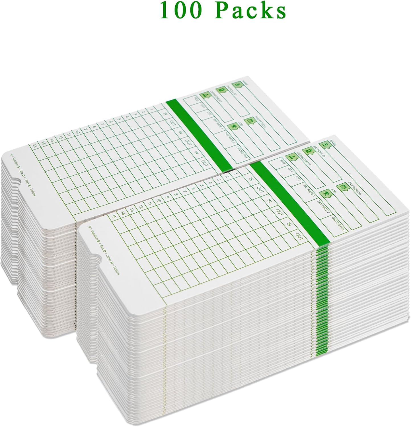 Zzrywuty All Pay Periods, 100 Count Time Cards for Hn3000, 2-Sided, 3 3/8" x 7 3/8", Green