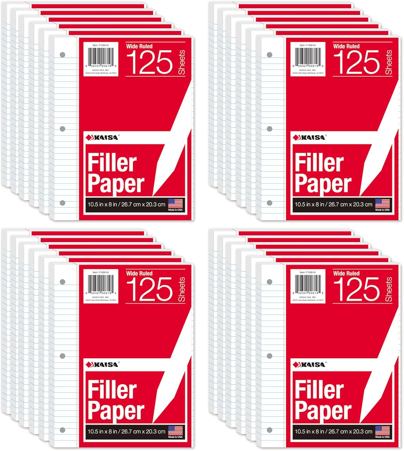 Kaisa Notebook Paper - 24 Pack, 8x10.5, Wide Ruled, 3-Ring Binder, 125 Sheets/Pack, 3-Hole Punch