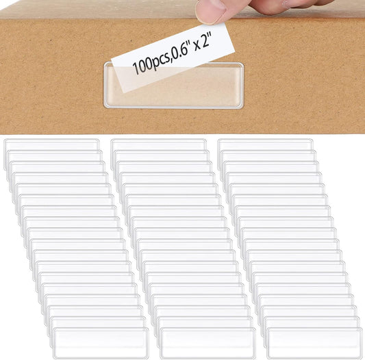 Jeyiour 100 Pcs Label Holders Adhesive Nameplate Pockets Storage Bin Labels Index Card Holder Shelf Plastic Peel Stick for Classroom Supermarket Bookshelf Library Student Box Drawer (2 x 0.6 Inch)