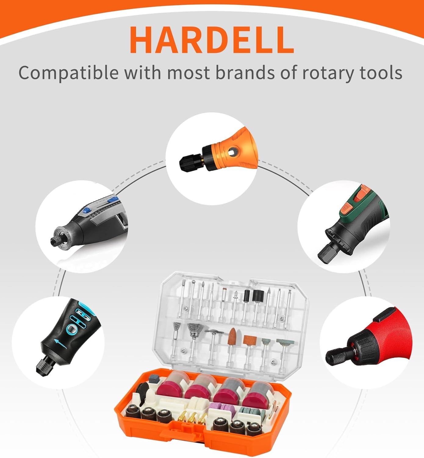 HARDELL Rotary Tool Accessories, 227pcs Power Rotary Tool Accessories Kit, 1/8"(3.2mm) Diameter Shanks, Universal Fitment for Easy Cutting, Polishing, Sanding, Carving, Grinding(Orange)