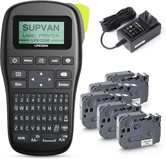 SUPVAN LP5120M Label Maker Machine Bundle (5 Tapes Included) with Keyboard & AC Adapter, Waterproof Thermal Transfer Label Printer with Ik+ Icons for Garage, Home, Office Organization