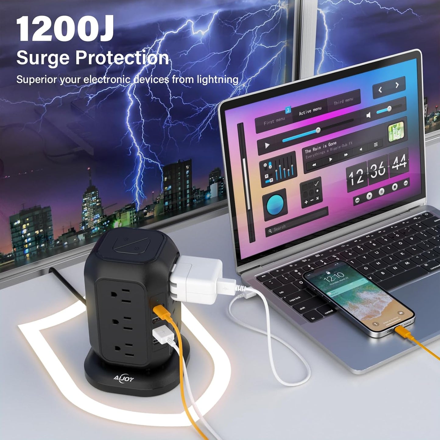 AiJoy Power Strip Tower Surge Protector with 12 AC Outlets, 3 USB-A & 1 USB-C Ports, 10 FT Extension Cord, Charging Station with Overload Protection, for Home Office Dorm Living Room