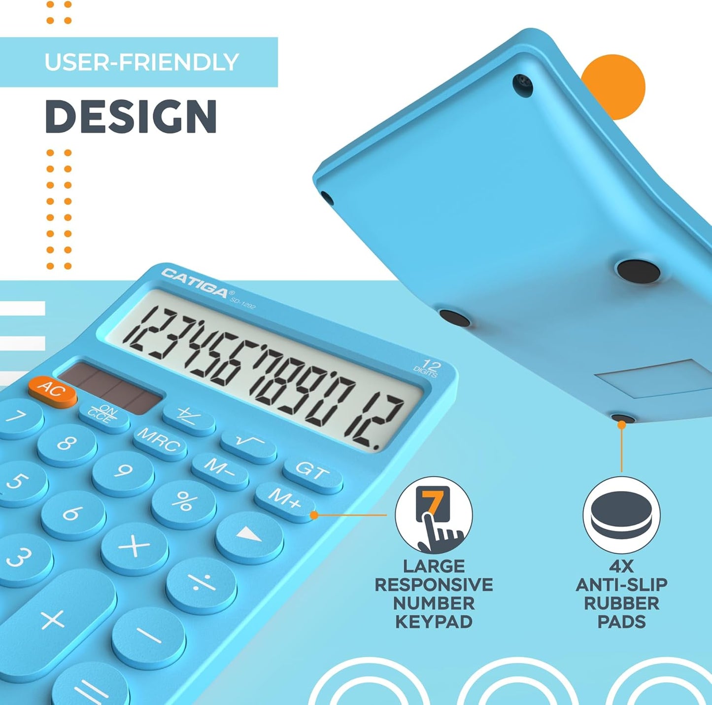 CATIGA Desk Calculator with 4 Functions, Cute Basic Calculator for Kids with Round Big Button, Large Display for School and Office, Dual Power, SD-1292 Blue