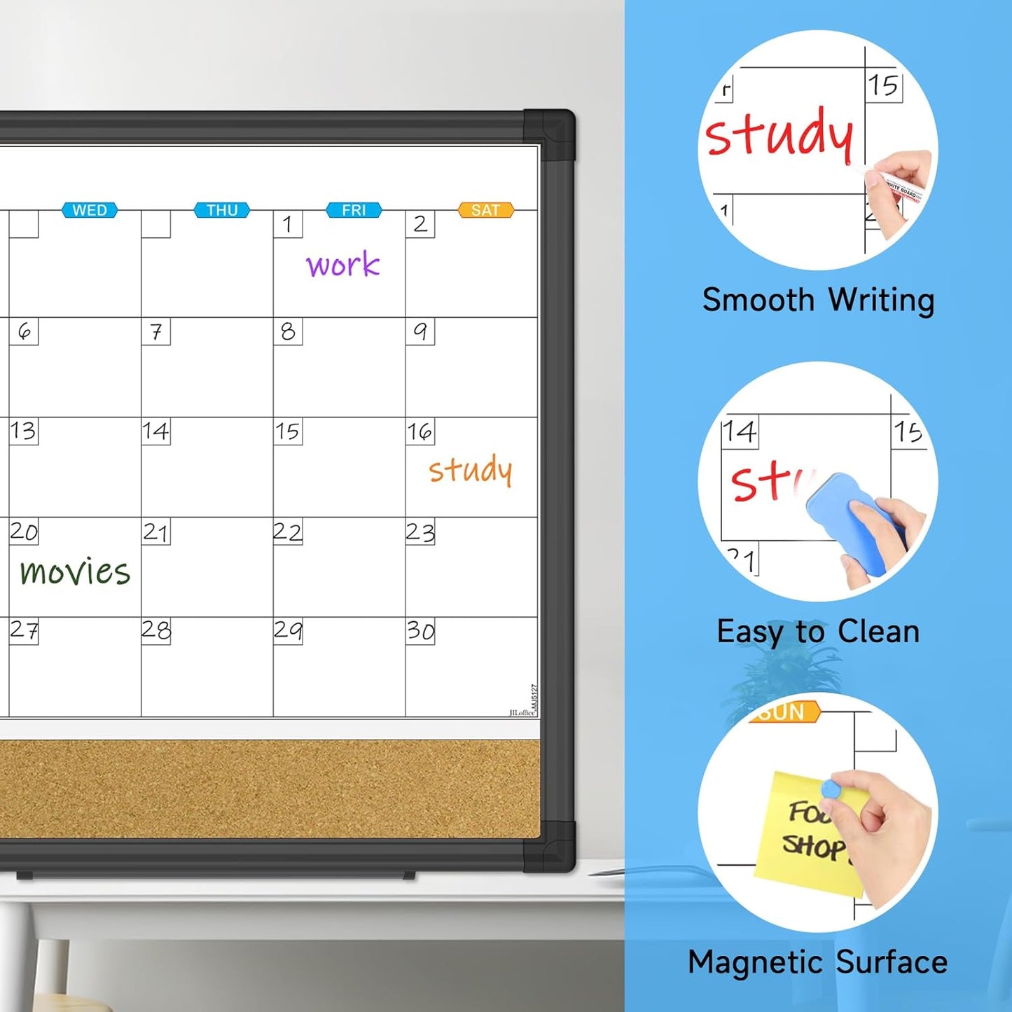 JILoffice Magnetic Calendar Whiteboard & Bulletin Corkboard Combination, Monthly Combo Board 17 x 13 Inch, Black Aluminum Frame Wall Mounted Board for Office Home and School