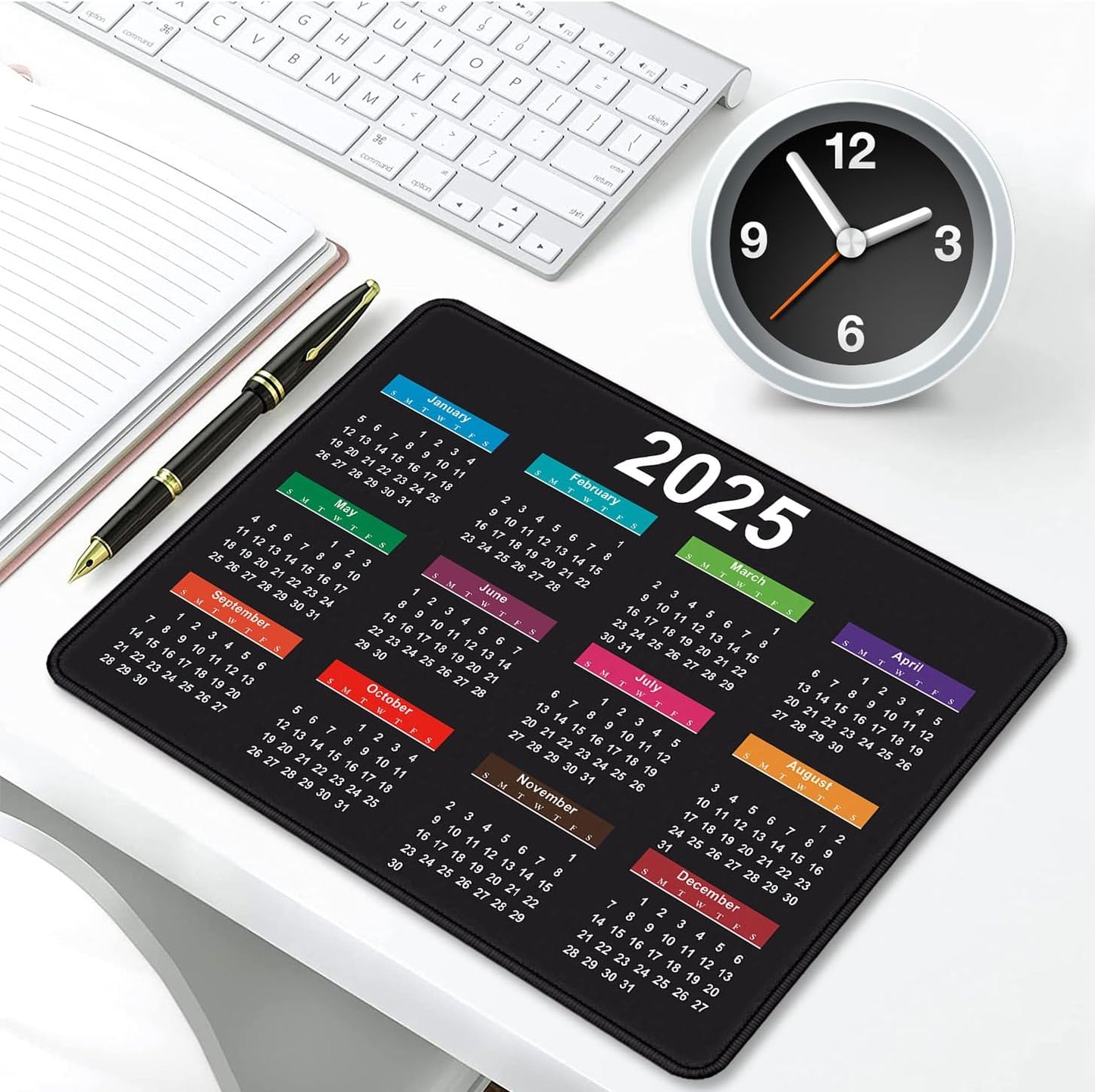 2025 Calendar Rectangular Stitched Edge Office Computer Mouse Pad, Anti Slip Rubber Desktop Gaming Mouse Pad (Black Calendar)