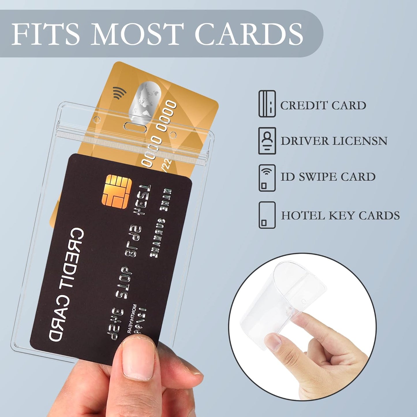 50 Pcs Vertical Clear ID Badge Holders, 4x3 Inch Waterproof PVC Plastic Badge Holders with Resealable Zip, Fits RFID/Proximity/Badge Swipe Cards, Credit Cards, Office, School, Events