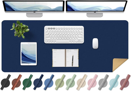 BLESWIN Large Desk Pad Mat 47.2"" x 17"", Office Desk Mat, Non-Slip PU Leather & Cork Desk Blotter for Keyboard and Mouse, Large Desk Mat, Large Mouse Pad for Office & Home(Dark Blue)