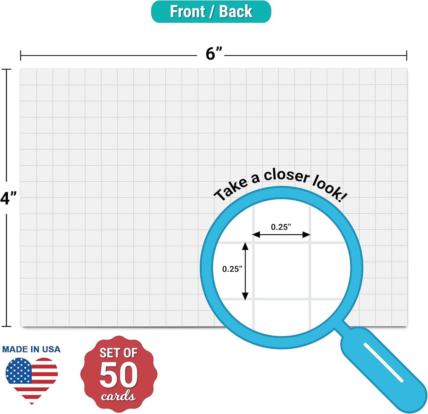 321Done Grid Index Cards (Set of 50) 4" x 6", Graph-Ruled 0.25" Double-Sided, Thick Cardstock, Made in The USA, White