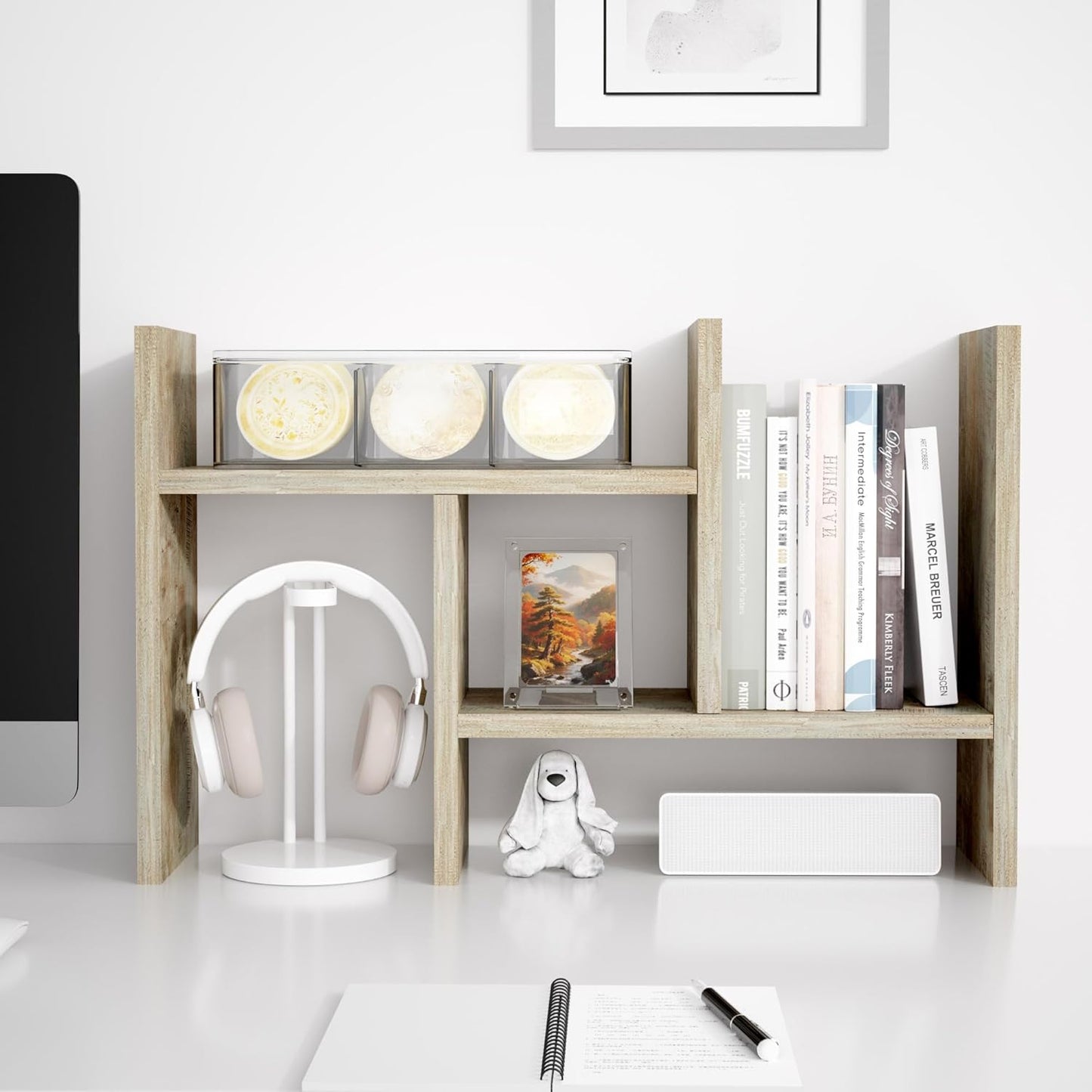 Jerry & Maggie Desktop Organizer Office Storage Rack Adjustable Wood Display Shelf Free Style Double H, Multi-Functional Mini Bookshelf for Desk Natural Stand (Gray Oak)