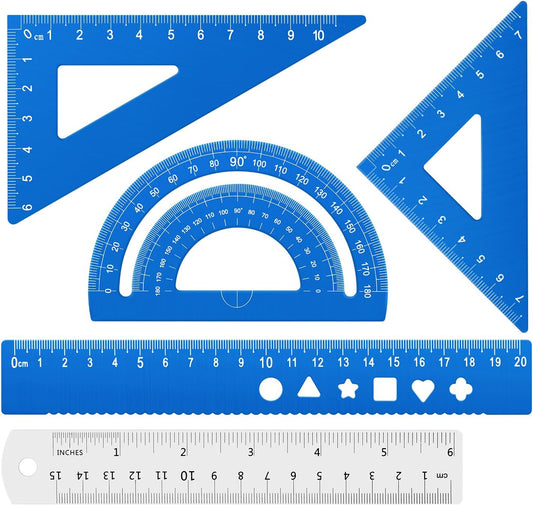 Honagu Triangular Ruler Set, 4+1Pieces Aluminum Alloy Ruler, Metal Drafting Ruler, Geometric Protractor for Students, School Office Supplies (Sky blue, 20cm)