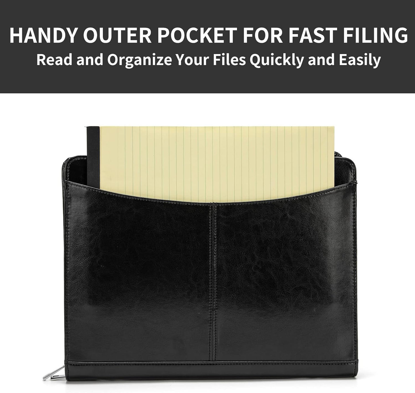 Vegan Leather Portfolio with Front Pocket for Men and Women, Zippered Padfolio Binder 8.5 x 11 Legal Pad Notebook Holder, Fits 13” Laptop, Professional Work File Case, Black