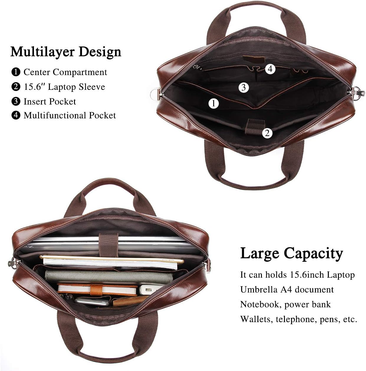 Augus Leather Laptop Briefcase for Men,Waterproof Travel Messenger Duffle Bags 15.6 Inch Laptop Bag