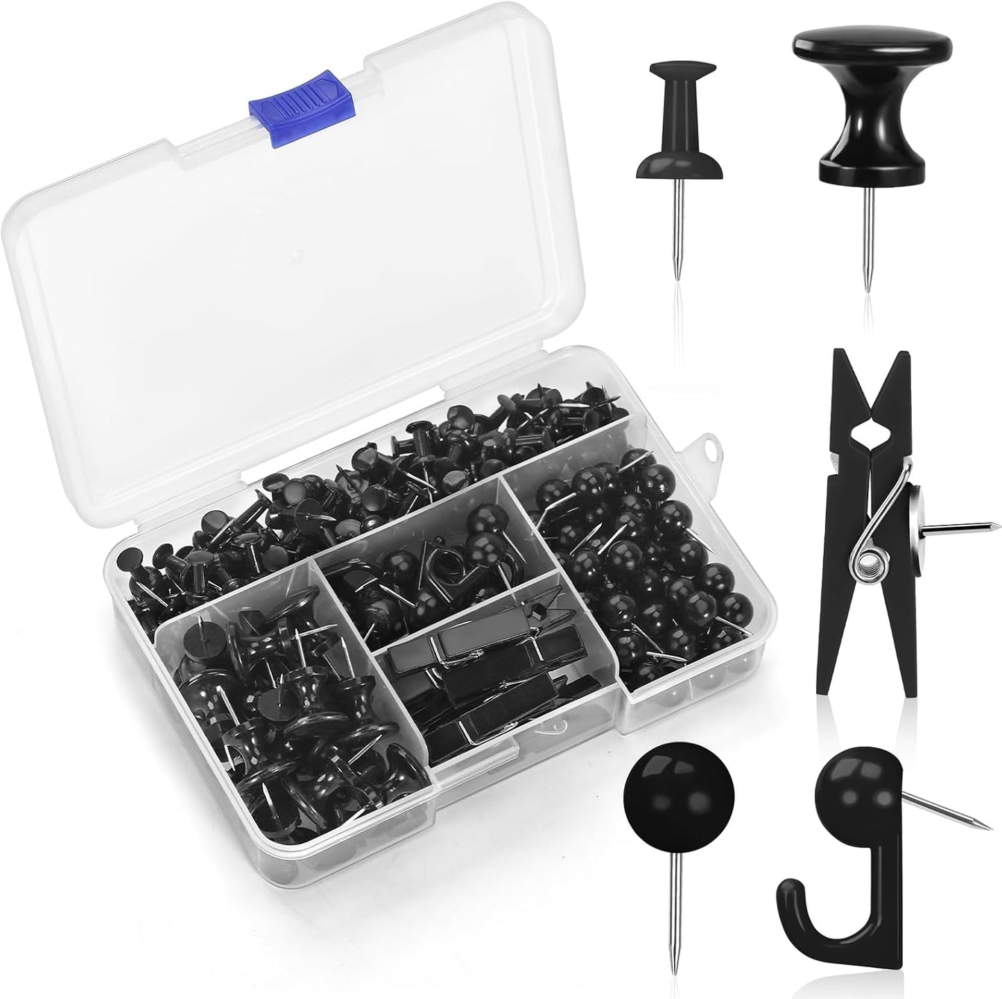 240Pcs Black Push Pins,5 Style Thumb Tacks, Black Plastic Push Pins for Bulletin Boards, Cork Board,Wall,Cork Board Accessories, Office Home Supplies