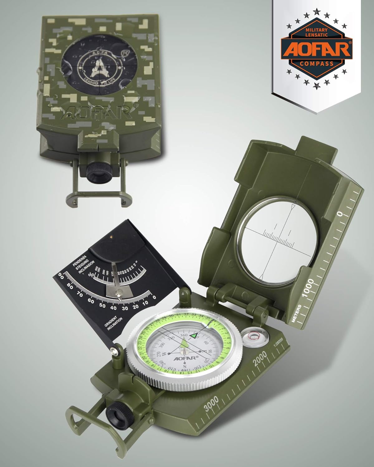 AOFAR AF-4074 Military Compass for Hiking,Lensatic Sighting Waterproof,Durable,Inclinometer for Camping,Boy Scount,Geology Activities Boating
