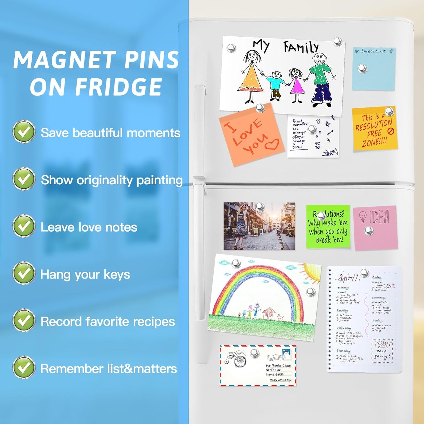 10Pack Fridge Magnets for Whiteboard Silver White Board Magnet Set Round Pin Magnets Metal Magnetic Push Pins Cute Magnet for Refrigerator Kitchen Office School