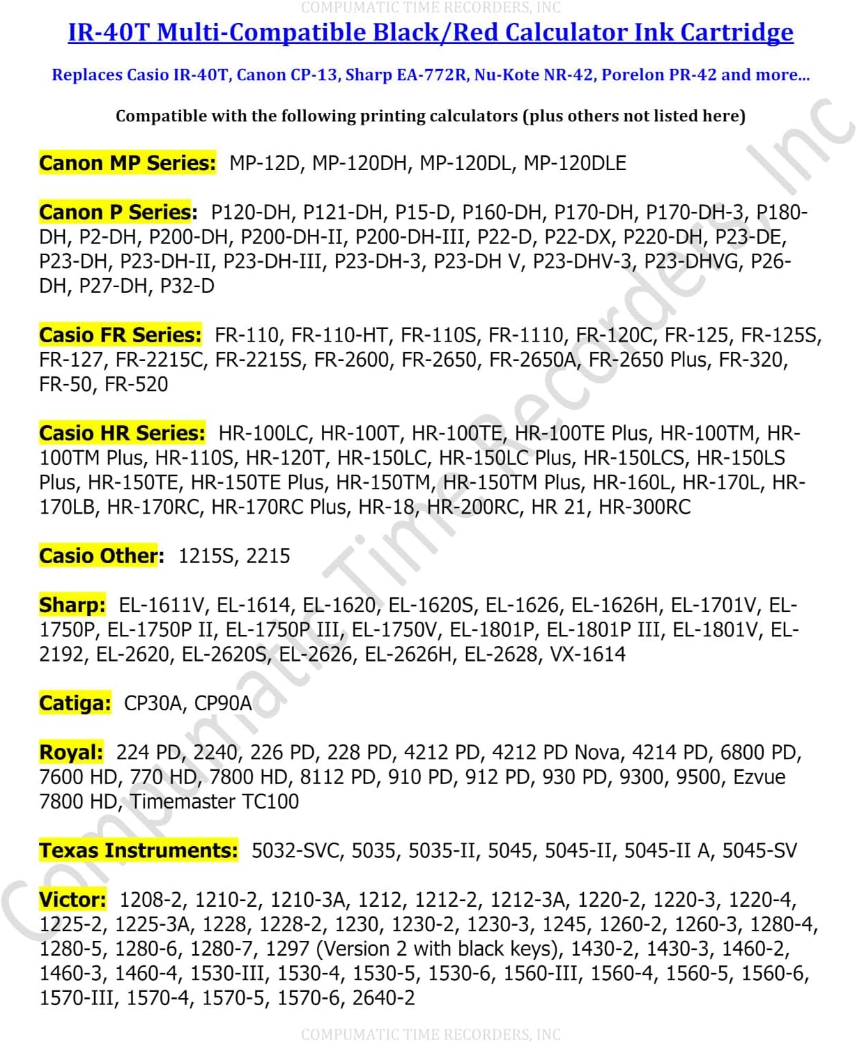 (6 Pack) Calculator Ink Roller Fits Sharp EL-1801V EL-1750V EL-1611V Casio HR-170RC HR-200RC HR-300RC Canon P23-DHV-3 and More Black/Red IR-40T CP-13 EA-772R Compatible/Replacement by COMPUMATIC
