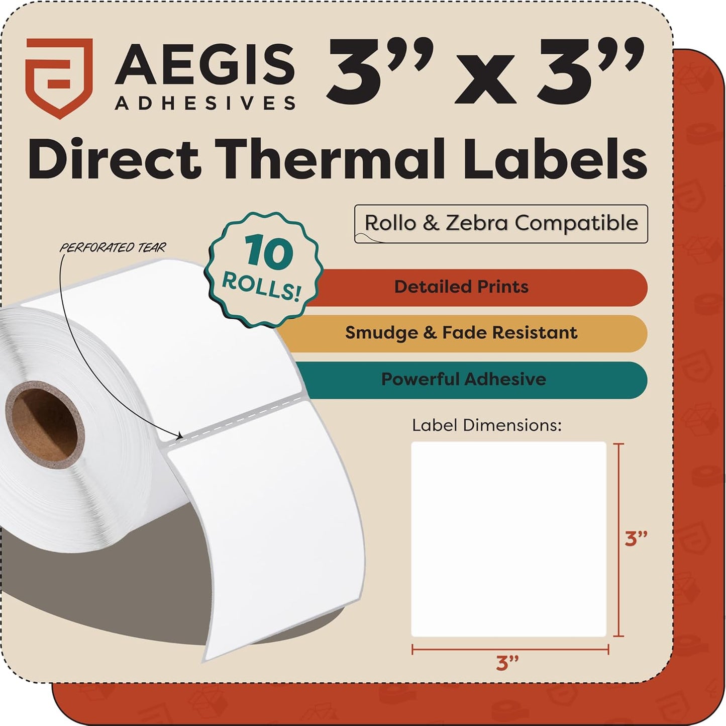 Aegis Adhesives - 3" X 3" Square Direct Thermal Labels Compatible with Rollo, Zebra, and Other Desktop Label Printers (10 Rolls, 500/Roll)