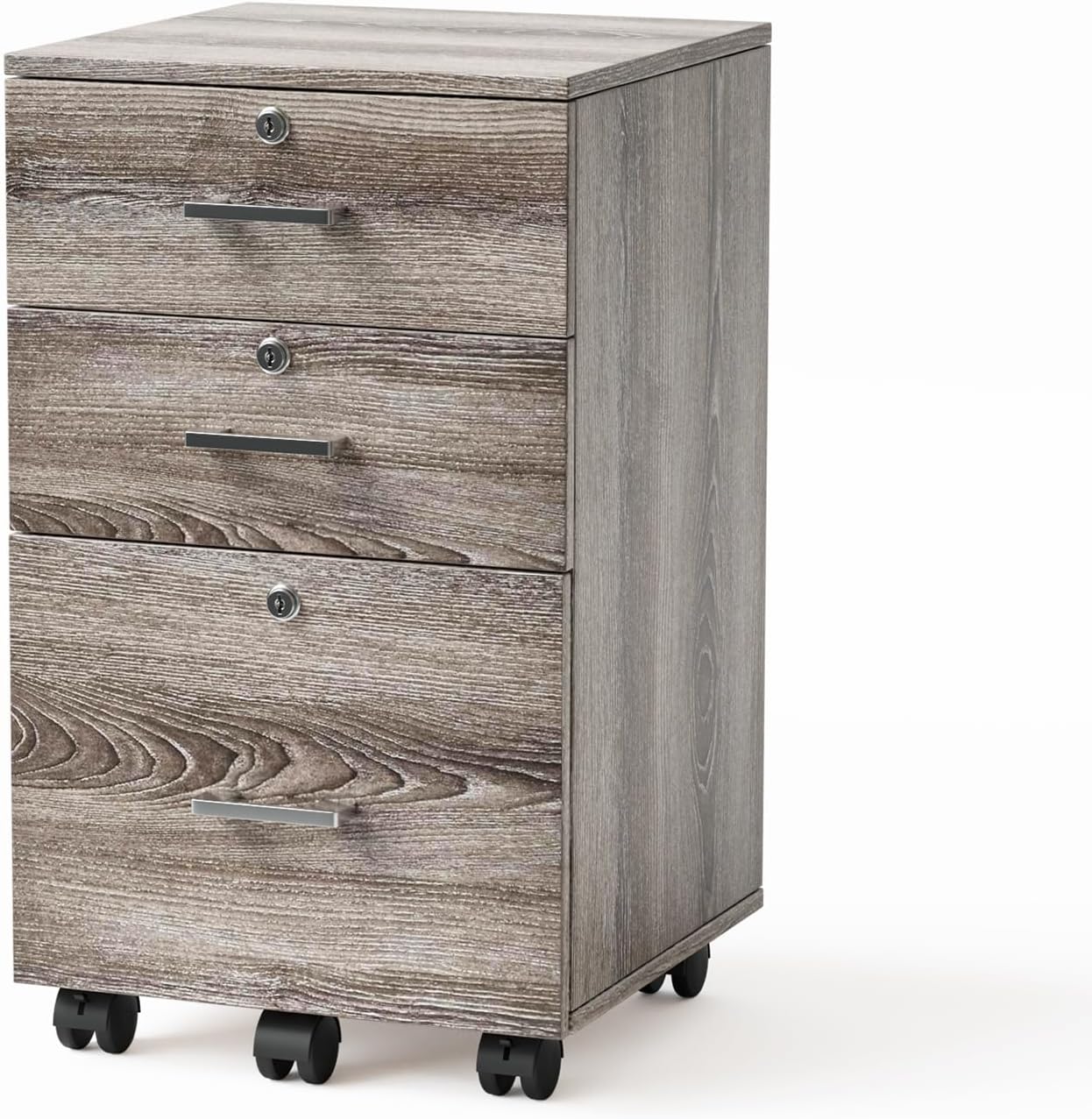 VINGLI 3-Drawer File Cabinet with Lock, Wood Rolling Filing Cabinets for Home Office, Mobile Printer Stand, Under Desk File Organizer for Letter Sized Files, 26" H(Caster Included),Gray Oak