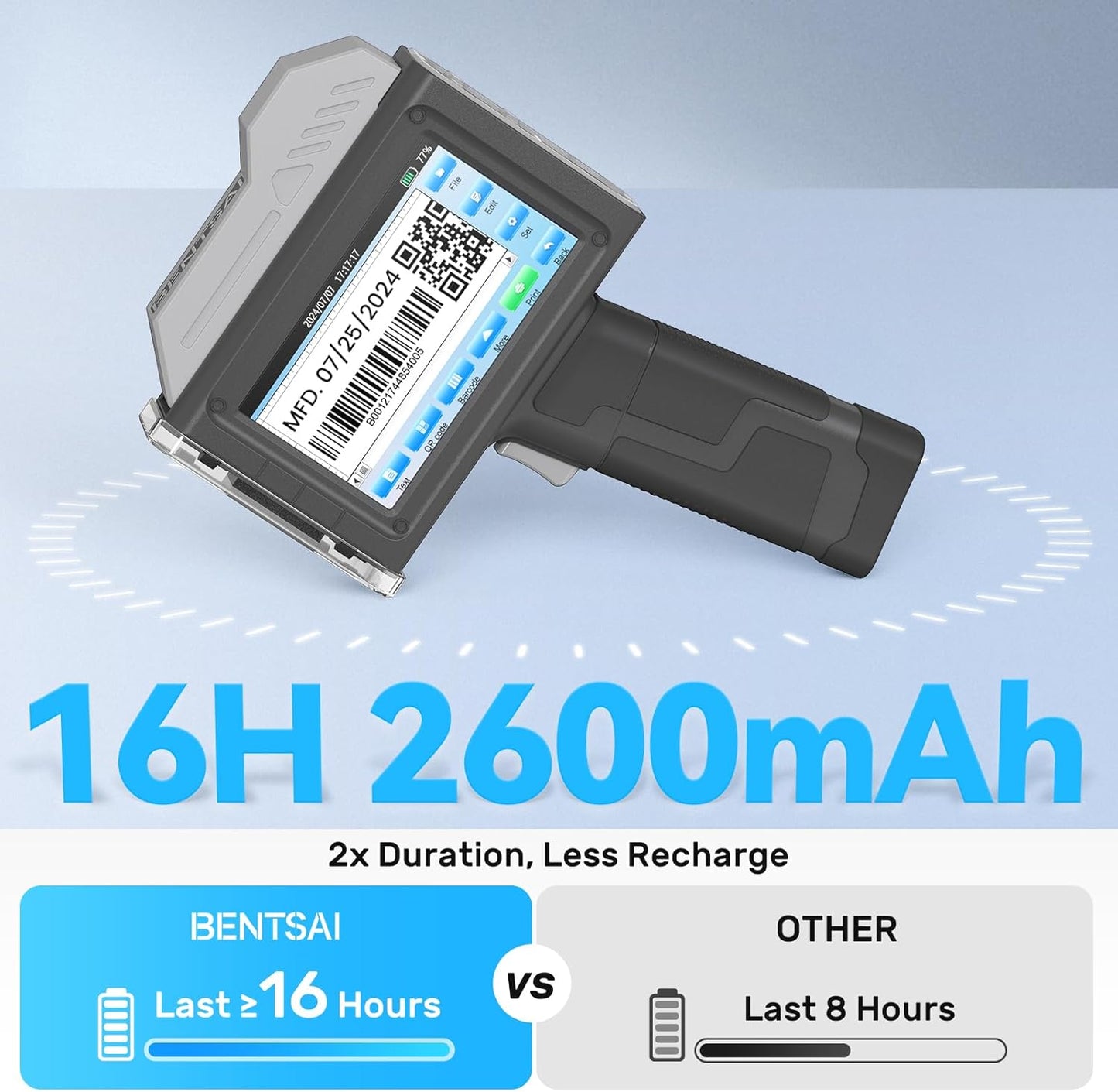 BENTSAI Handheld Inkjet Printer BT-HH6210B 1 Inch (25.4mm) Printhead with 16H Long Endurance for Batch Number Date Logo Barcode QR Code Print on Plastic Cardboard Wood Metal Clothes