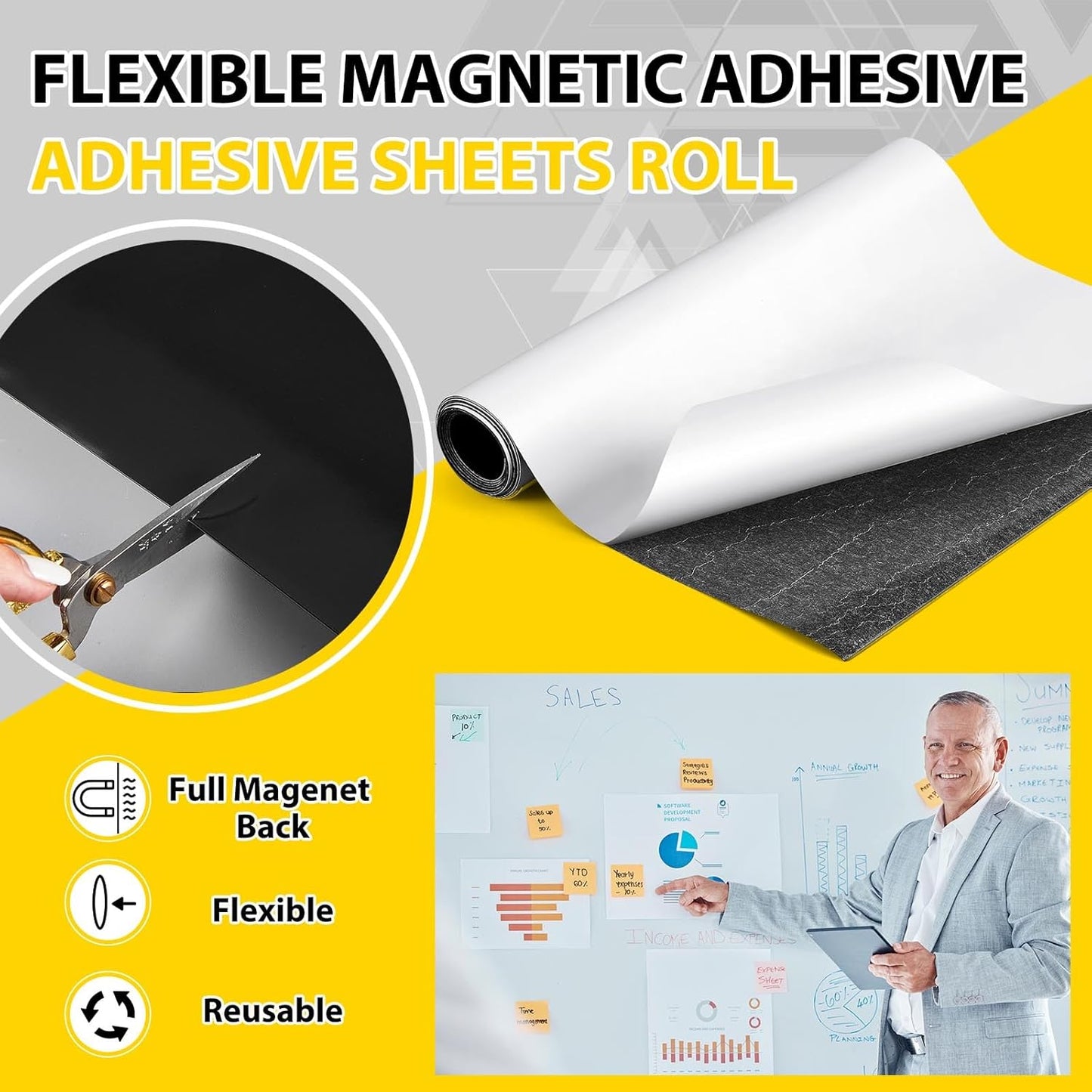 12 Inch x 5ft x 30mil Extra Large Adhesive Magnetic Sheet Roll Not Printable Adhesive Backing Cut and Customize Flexible Sheet Blank White Surface Magnetic Sign for Craft Photo Craft, Glossy